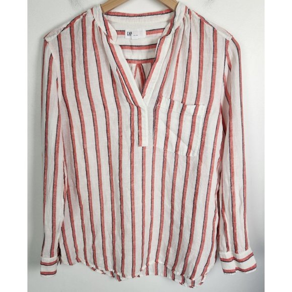 Gap Women's Sz. M Orange & Blue Stipe 100% Linen Long Sleeve Pull Over Top - Picture 1 of 6